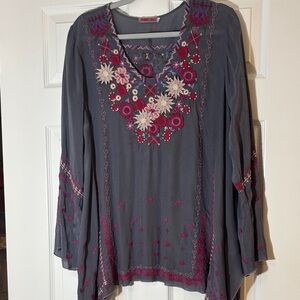 Johnny Was Charcoal Blouse with Floral Embroidery